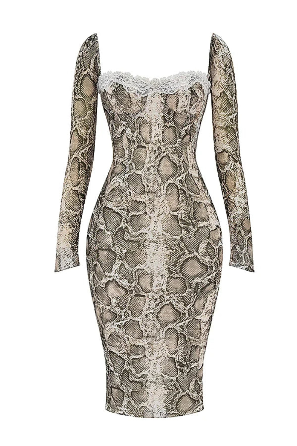 Weave these naturally into your product description: python print dress, square neckline dress, going out dress, date night outfit, mesh bodycon, fitted evening dress, brown animal print dress.