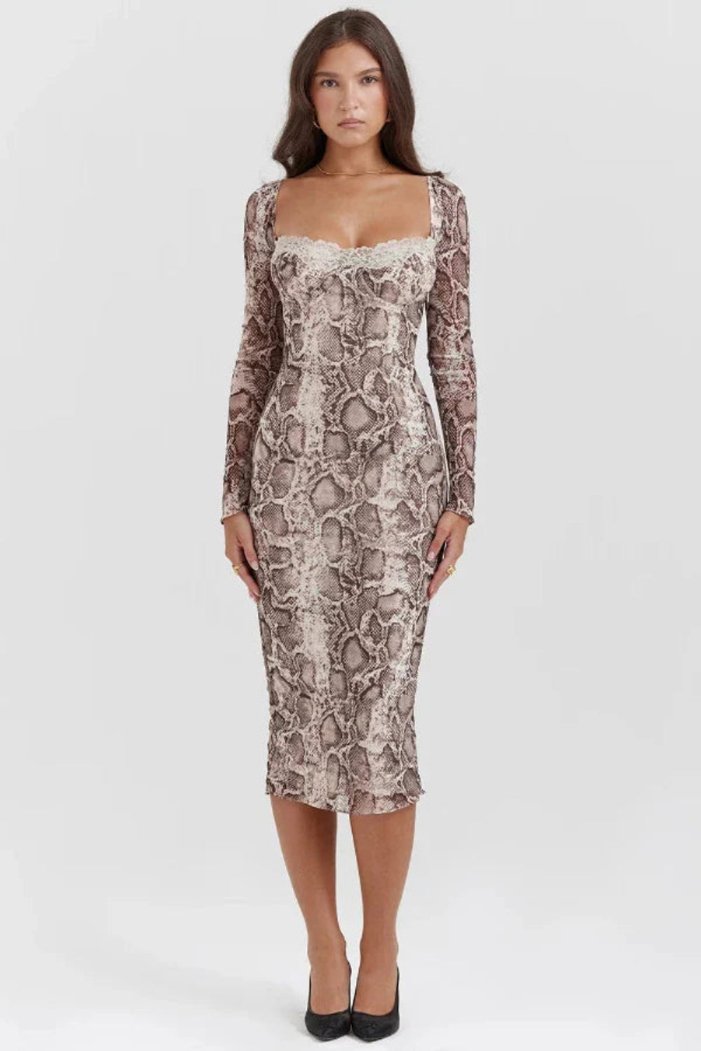 Weave these naturally into your product description: python print dress, square neckline dress, going out dress, date night outfit, mesh bodycon, fitted evening dress, brown animal print dress.