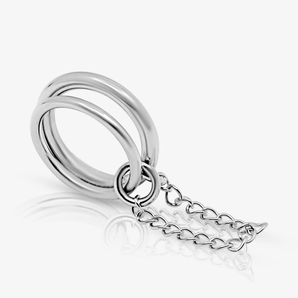 Silver Kouvr ring with multiple bands and a chain on a white background