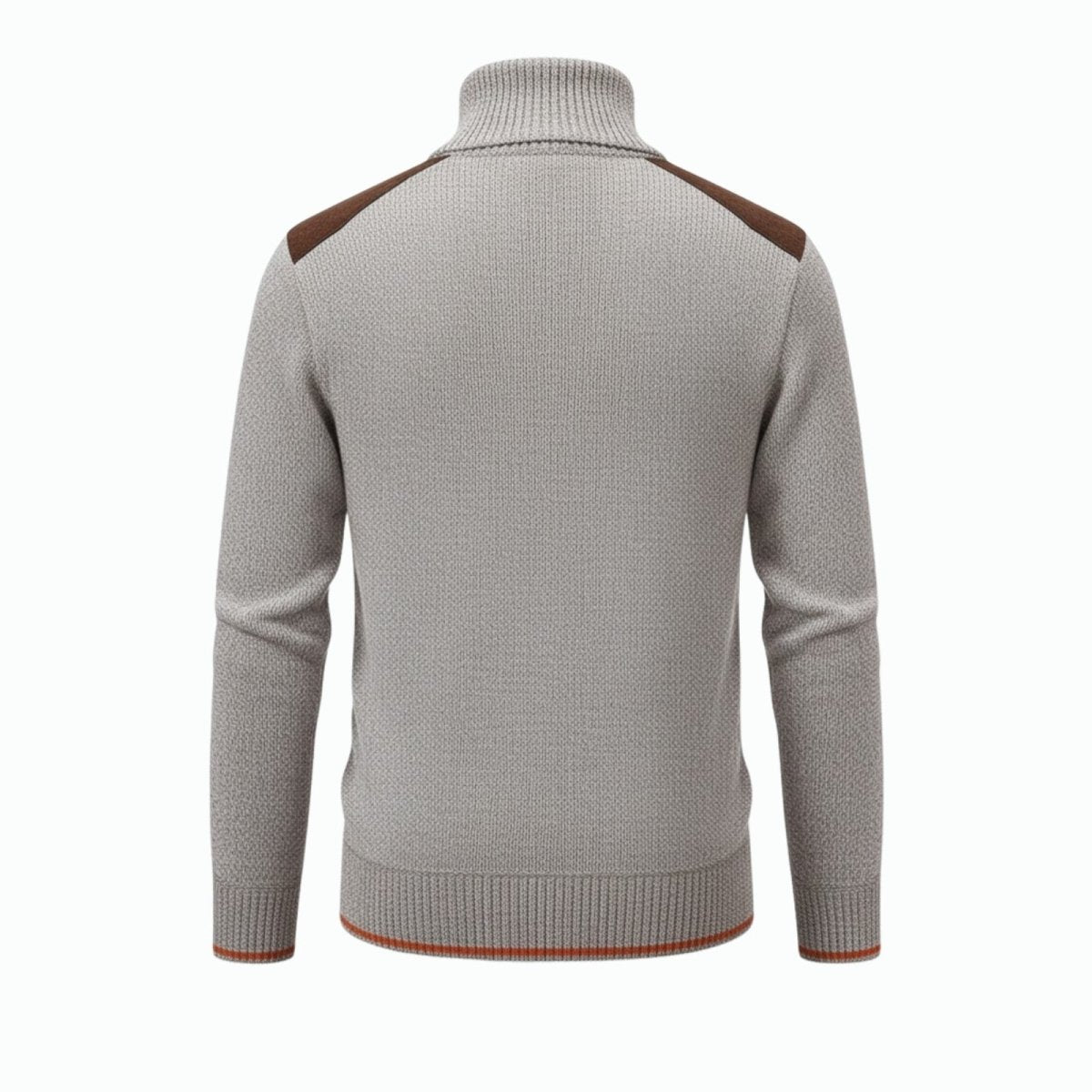 Product-only image of the back of the Kouvr Soren sweater, highlighting the clean construction and brown suede shoulder patches.