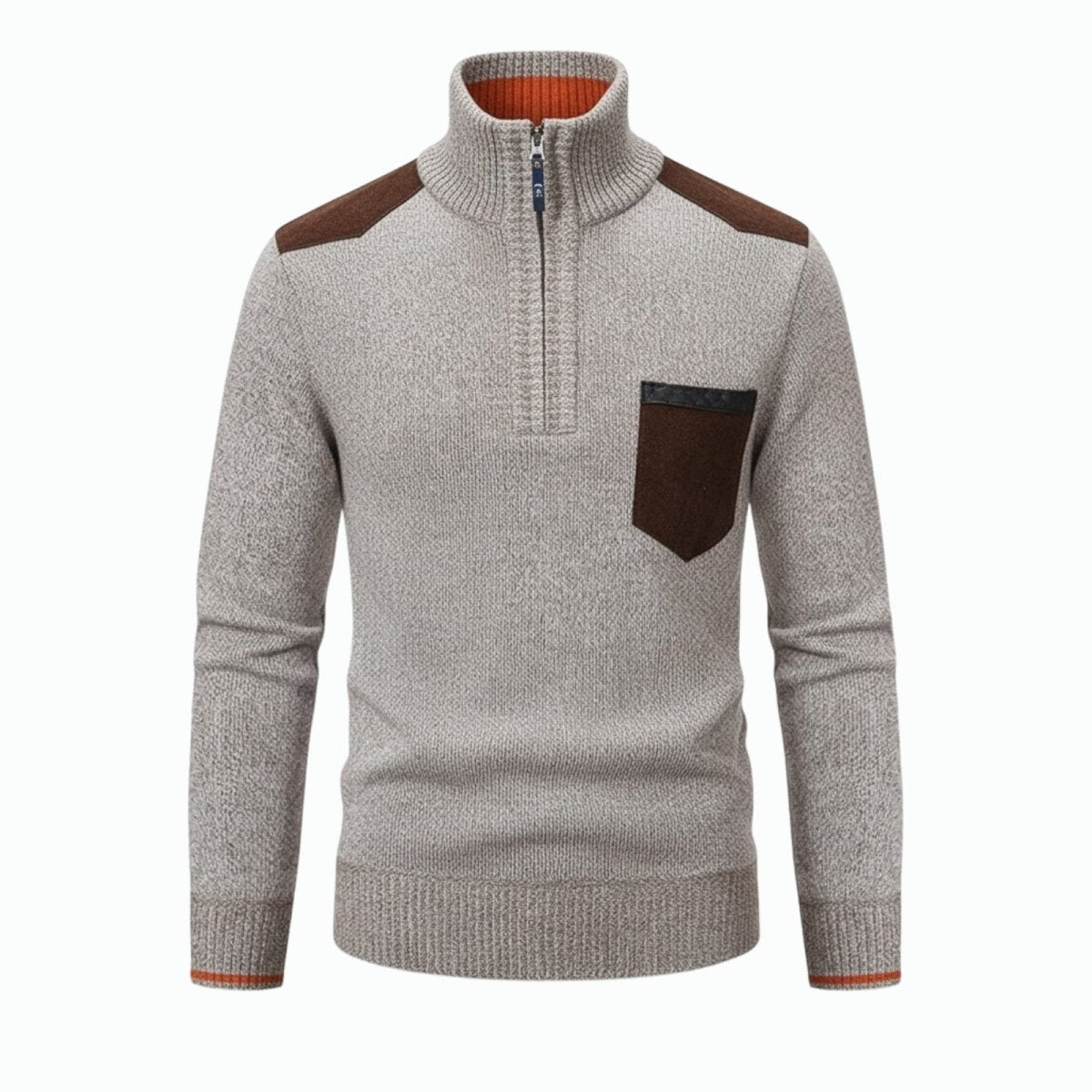 Product-only image of the Kouvr Soren half-zip sweater in heather beige, showing the textured knit, brown suede pocket, and zip detail.