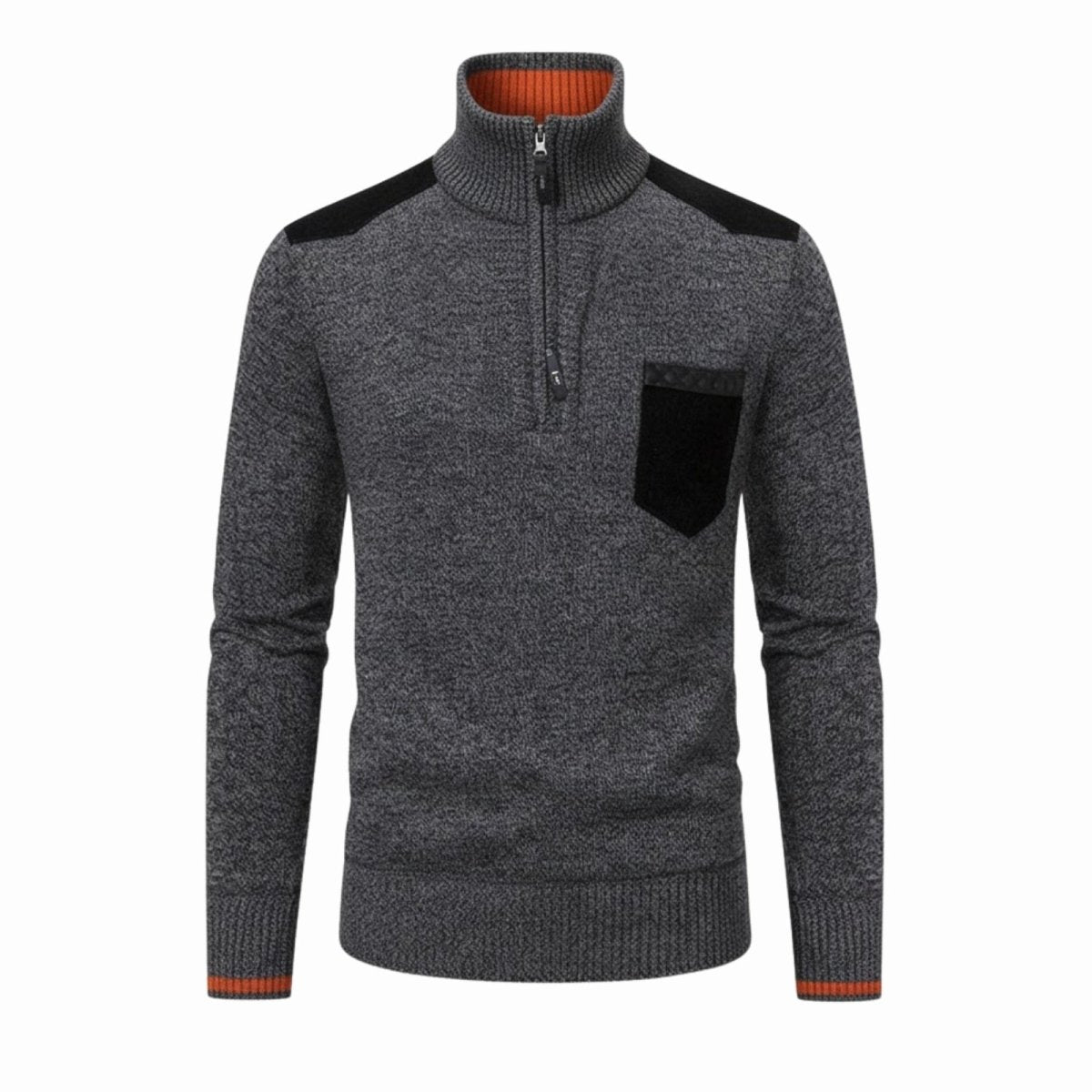 Flat lay product shot of the Kouvr Soren half-zip sweater in dark grey, detailing the zipper, suede pocket, and contrast collar.
