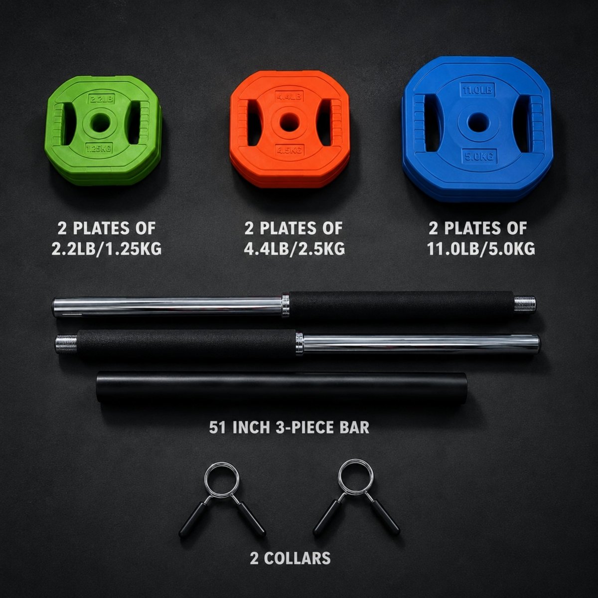 Overhead layout showing the Kouvr space-saving 3-piece steel barbell, color-coded weights, and quick-release collars, perfect for small apartment storage.