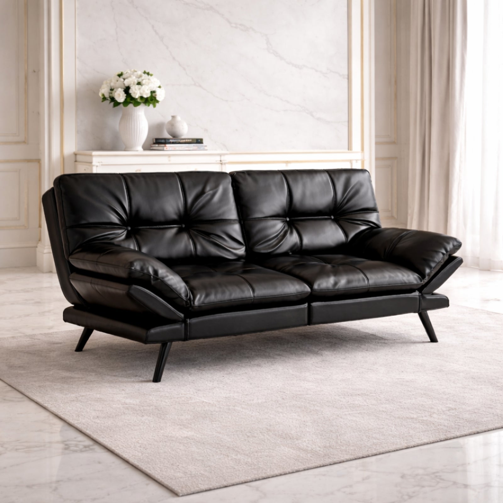 Detail shot of the split-back functionality showing one side reclined and one side upright on the faux leather tufted sofa.