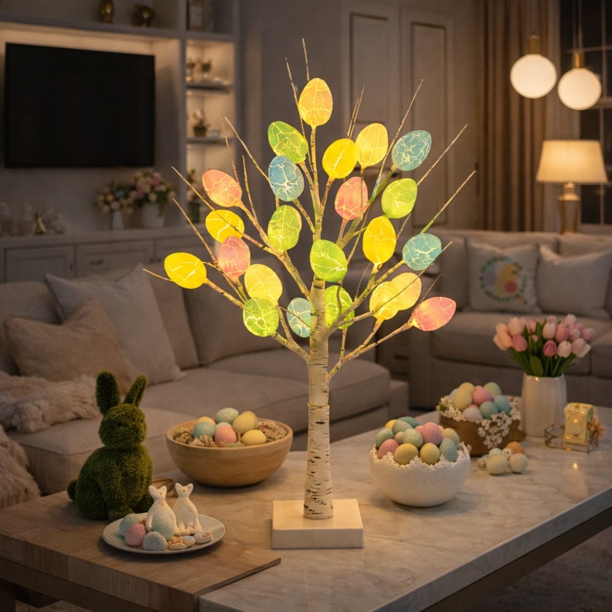 A glowing Easter egg tabletop tree on a coffee table in a cozy living room, providing warm ambient light for spring decor.
