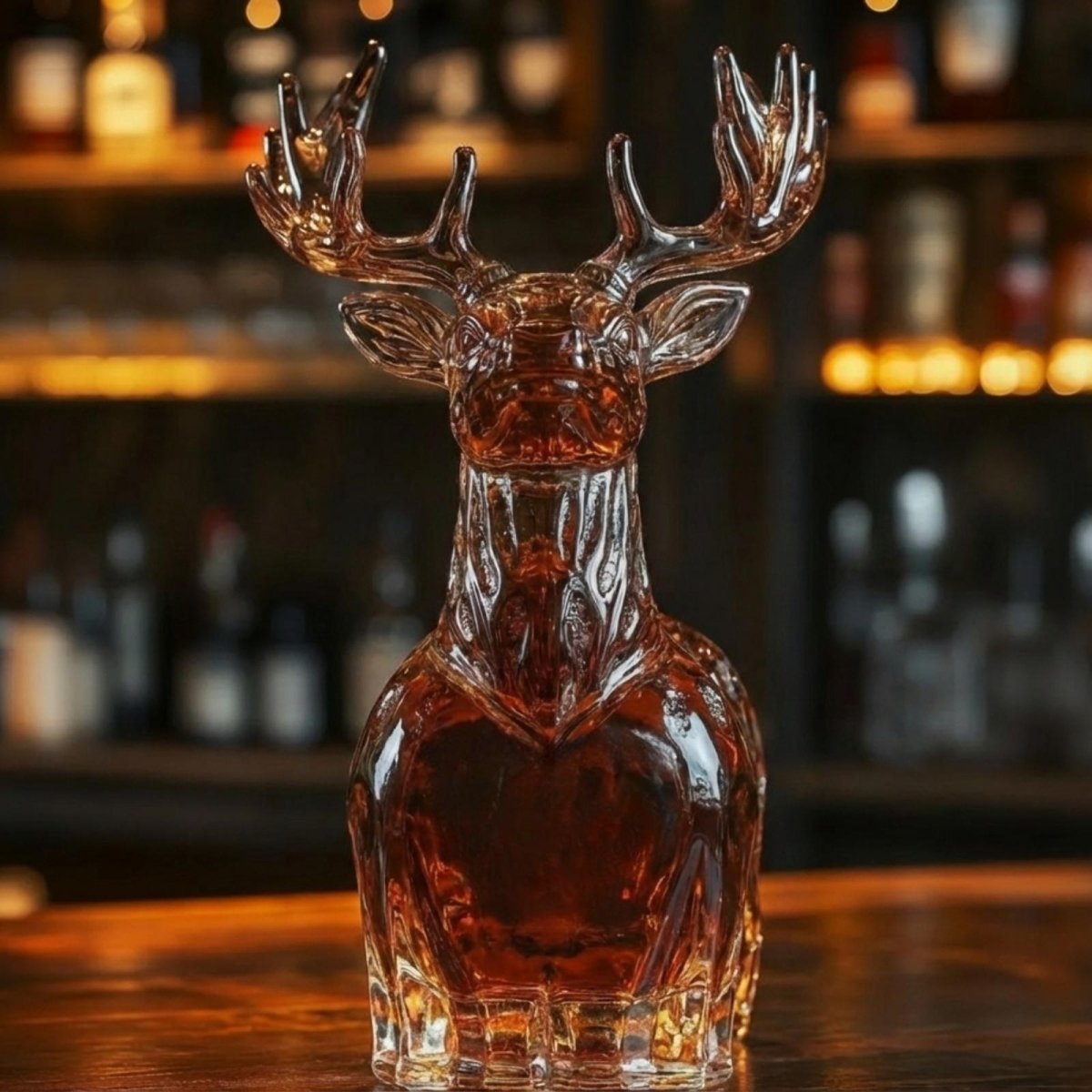 Front view of the Kouvr artisan stag-shaped liquor decanter, showing the detailed glasswork on the face and neck, set against a warm bar setting.