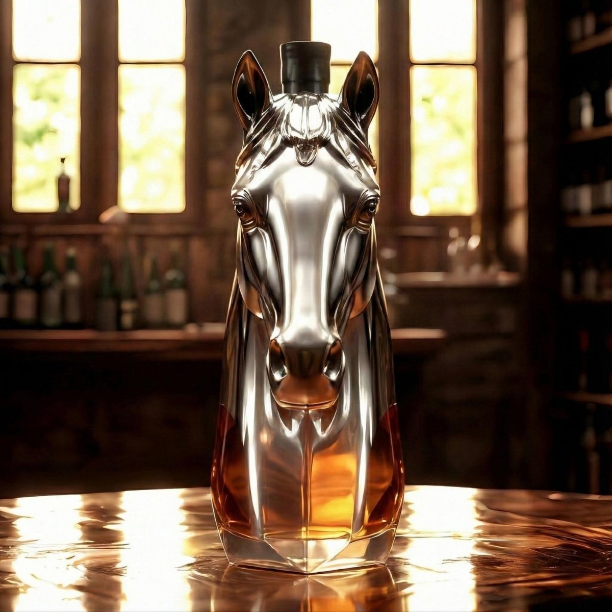 Front view of the Kouvr Stallion luxury horse head liquor decanter, showing its symmetrical design and brilliant metallic finish in a sophisticated bar setting.