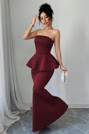 maroon strapless dress Burgundy Peplum Mermaid Gown Strapless Formal Evening Dress | Floor Length  Wedding Guest Gala Gown