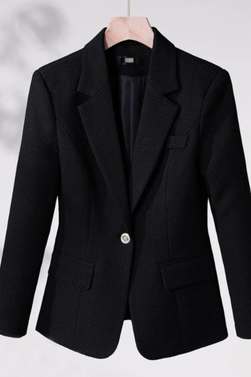 Single-Button Blazer, Black Work Jacket, Business Formal Attire, Textured Weave Jacket, Women's Power Suiting, Minimalist Black Blazer, All-Season Blazer