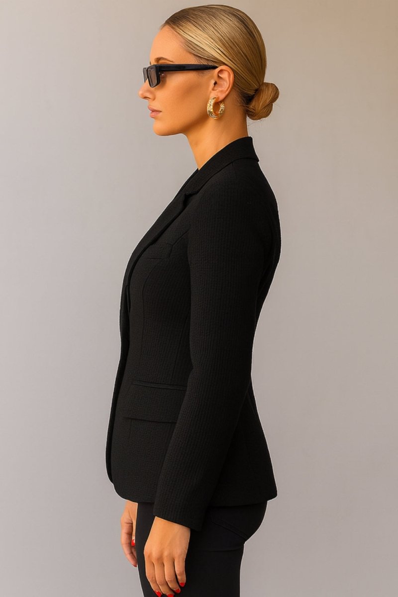 Single-Button Blazer, Black Work Jacket, Business Formal Attire, Textured Weave Jacket, Women's Power Suiting, Minimalist Black Blazer, All-Season Blazer