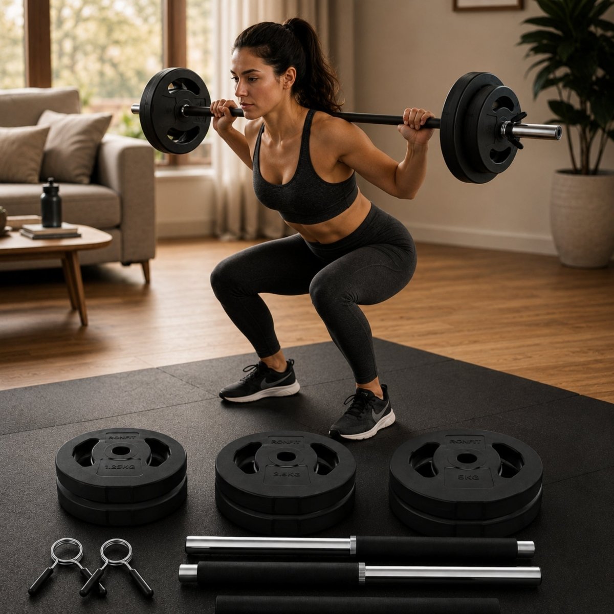 Woman performing a perfect back squat in a sunlit, aesthetic living room using the Kouvr colorful adjustable home barbell weight set.