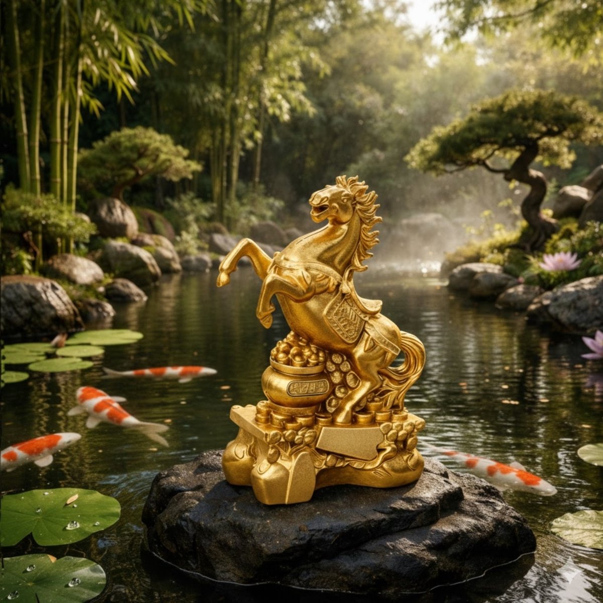 A golden rearing horse statue by Kouvr, a symbol of wealth and luck, placed on a rock in a serene Japanese garden koi pond.