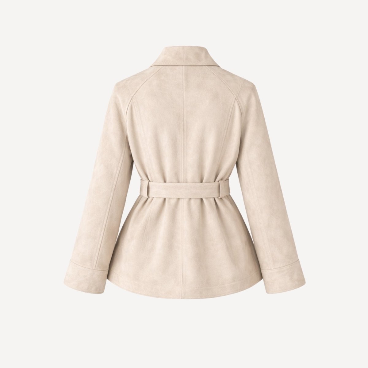 Flatlay of the back of the light beige Kouvr Suede Belted Wrap Jacket, detailing the clean seams and construction.