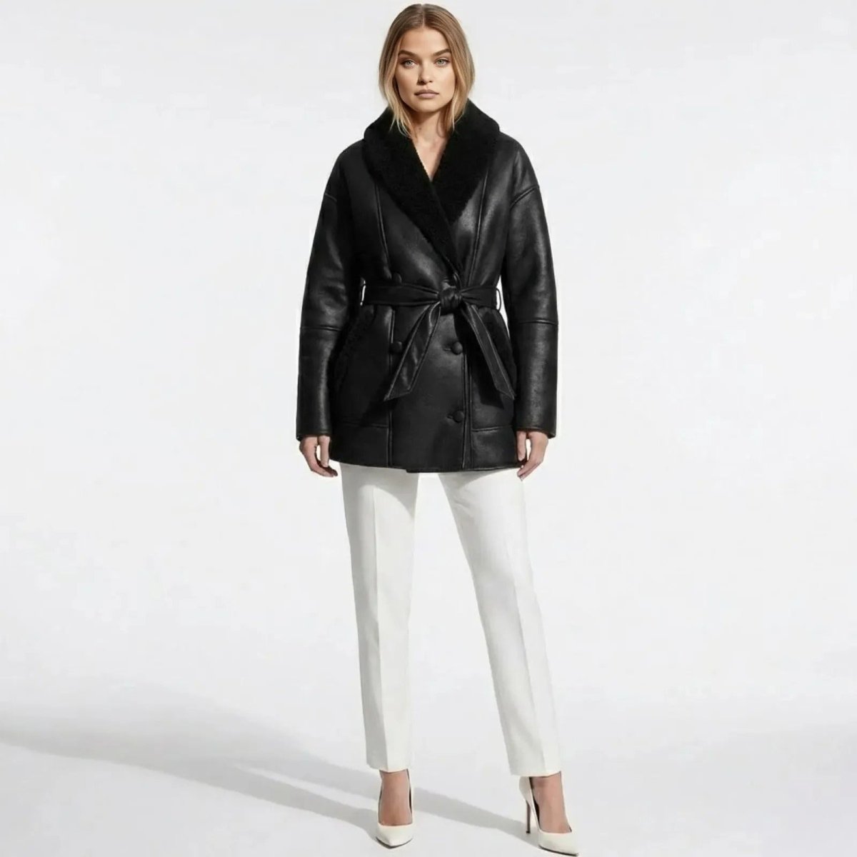 Female model facing forward wearing the Suzane black faux shearling belted aviator jacket by Kouvr, styled with white trousers and white heels on a white background.