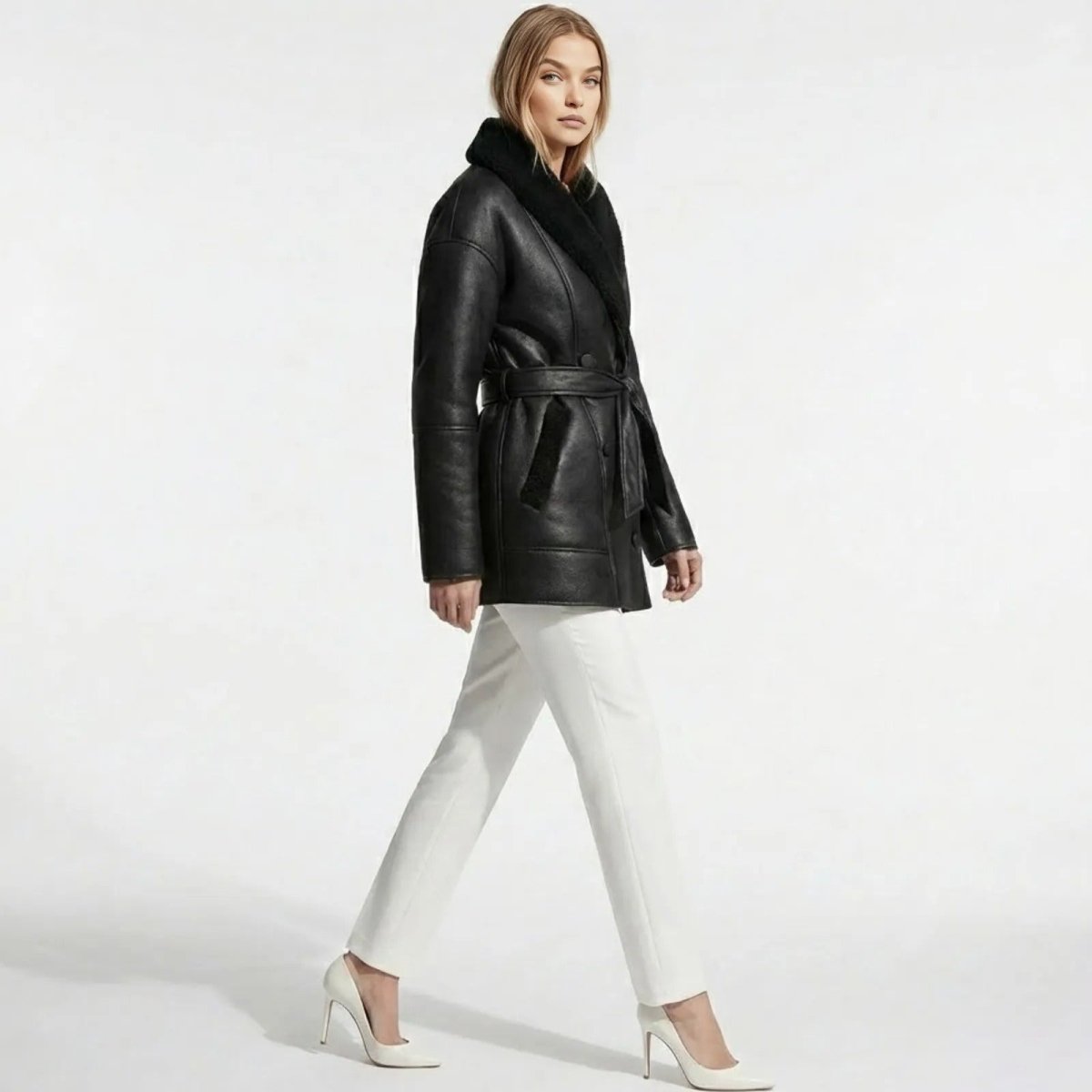 Female model in a walking pose showing the side profile of the Suzanne black faux leather shearling-lined coat by Kouvr.
