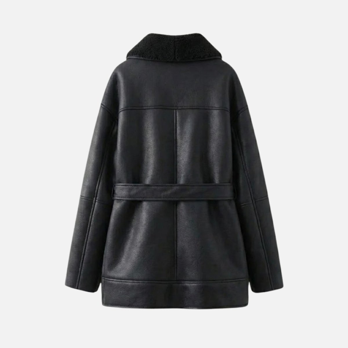 Product flatlay image of the back of the Suzanne black faux leather jacket, displaying the clean lines and belt detail from behind.