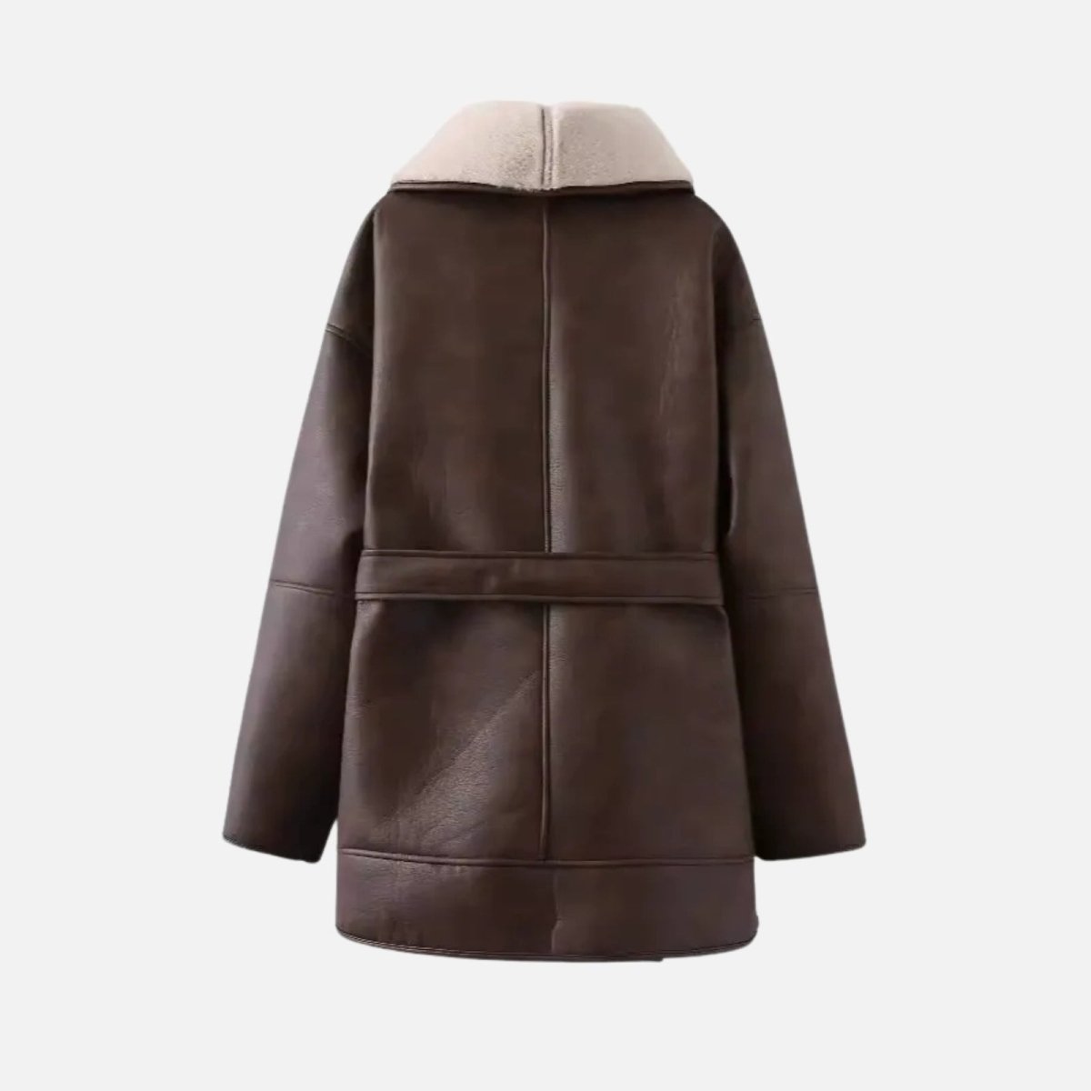 Flatlay product shot of the back of the Kouvr Suzanne brown faux shearling jacket, displaying the clean lines and belt loop.