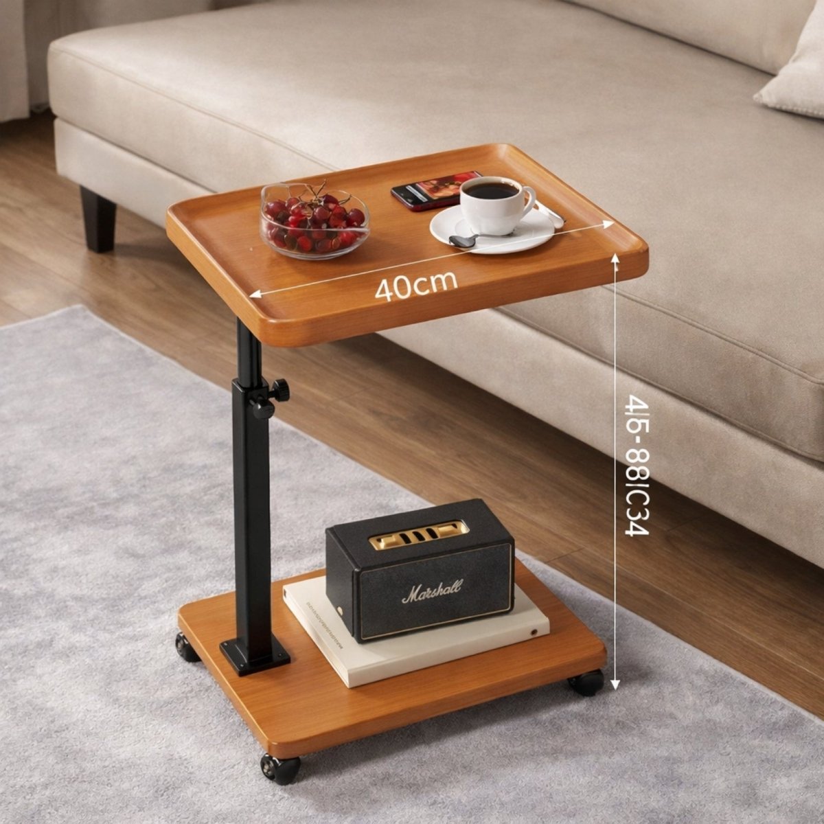 A feature-focused view of the Kouvr C-table highlighting its 360-degree swivel top, firm and stable base, flexible mobility, and mute casters.