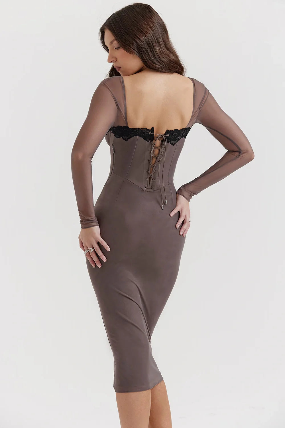 structured bodice," "sheer mesh sleeves," "sculpting fit," "square neckline," "lace-up back detail," "going out dress," "cocktail attire," "lingerie-inspired dress