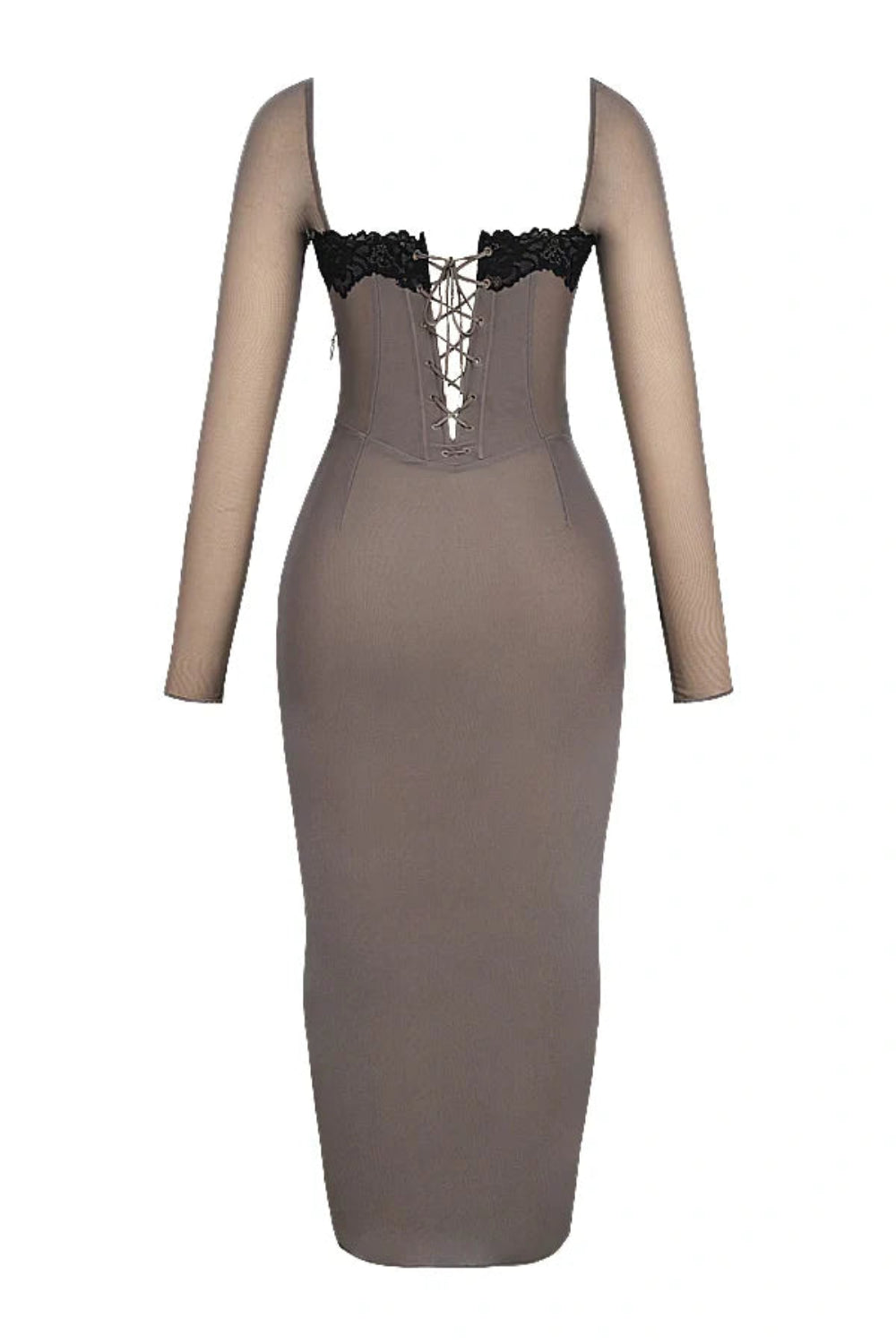 structured bodice," "sheer mesh sleeves," "sculpting fit," "square neckline," "lace-up back detail," "going out dress," "cocktail attire," "lingerie-inspired dress