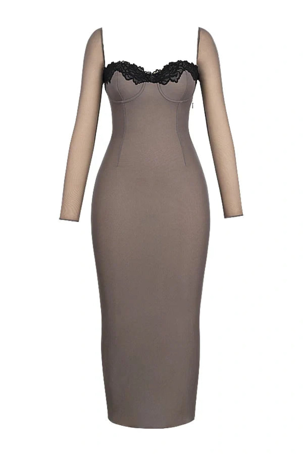 structured bodice," "sheer mesh sleeves," "sculpting fit," "square neckline," "lace-up back detail," "going out dress," "cocktail attire," "lingerie-inspired dress