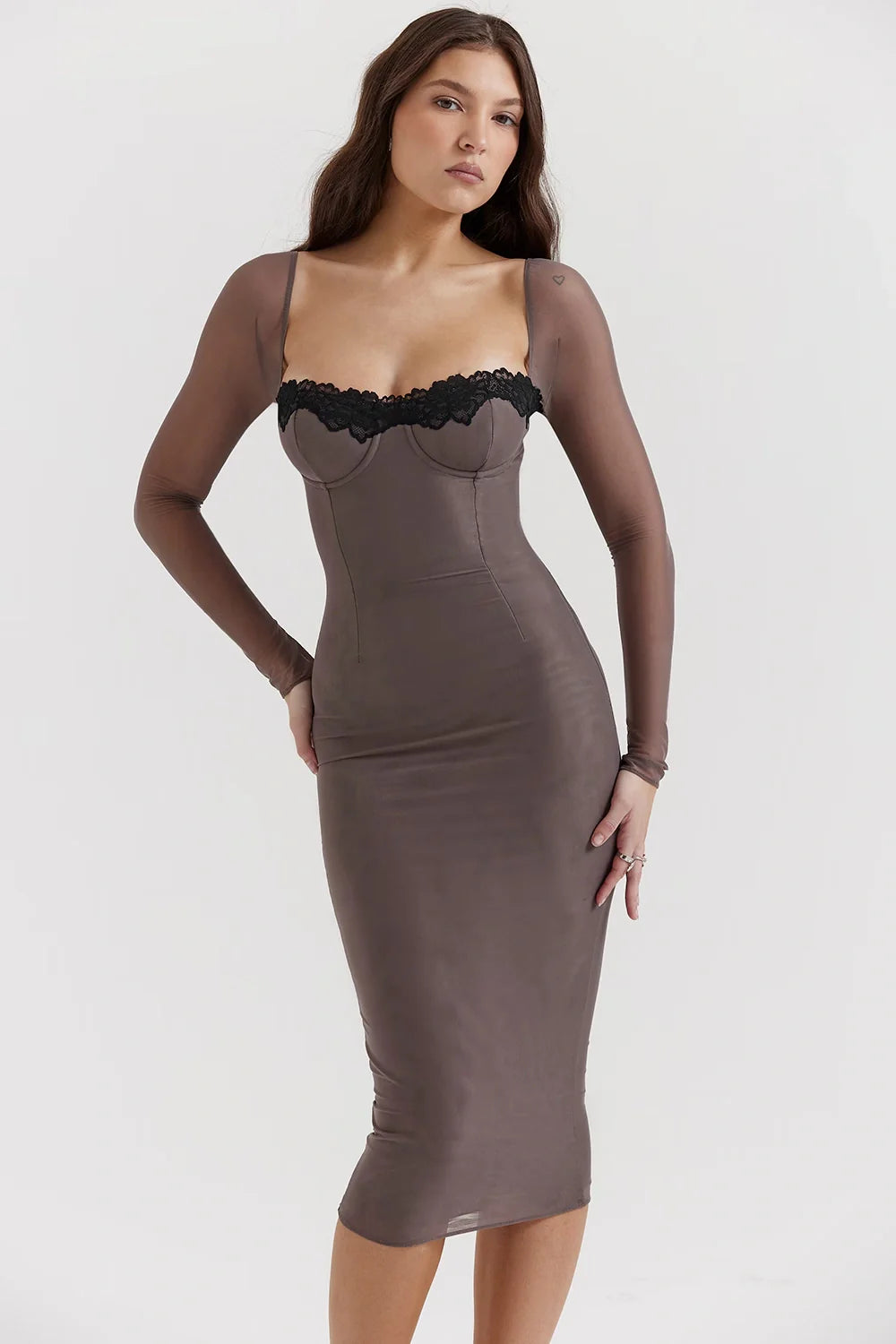 structured bodice," "sheer mesh sleeves," "sculpting fit," "square neckline," "lace-up back detail," "going out dress," "cocktail attire," "lingerie-inspired dress