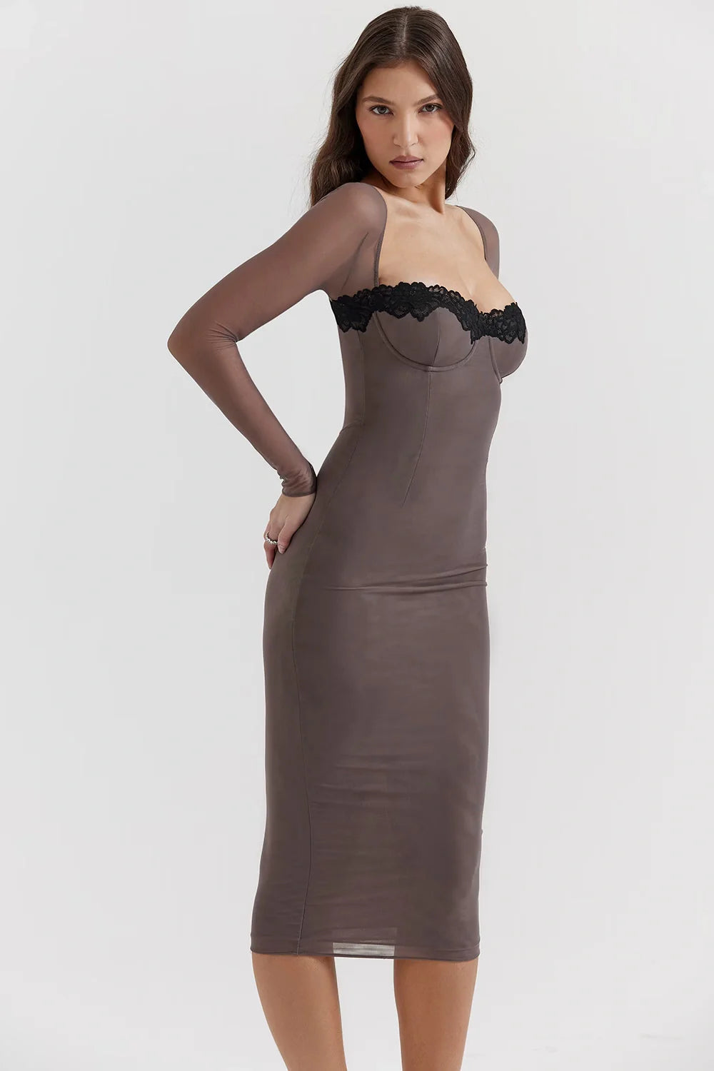 structured bodice," "sheer mesh sleeves," "sculpting fit," "square neckline," "lace-up back detail," "going out dress," "cocktail attire," "lingerie-inspired dress