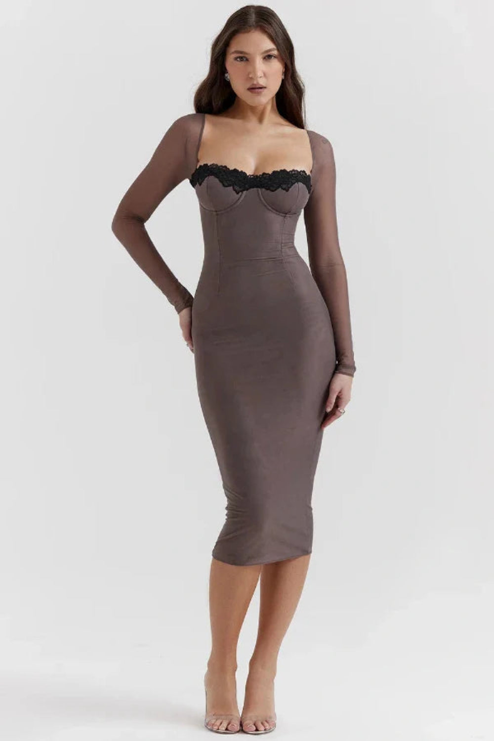 structured bodice," "sheer mesh sleeves," "sculpting fit," "square neckline," "lace-up back detail," "going out dress," "cocktail attire," "lingerie-inspired dress