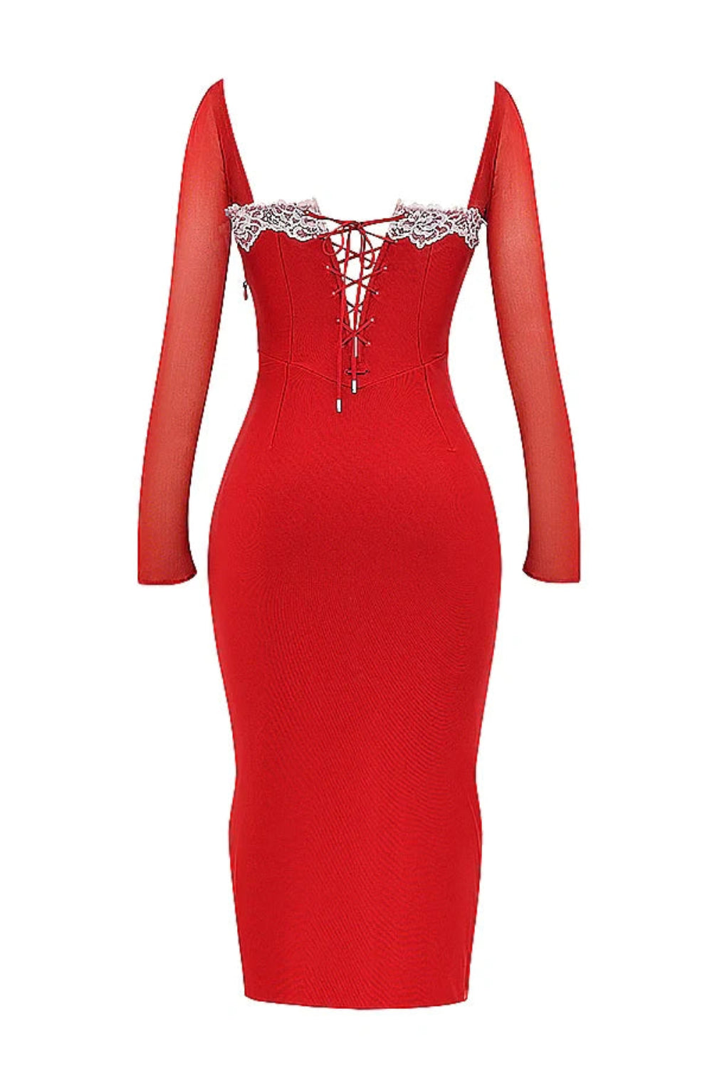 date night outfit, Valentine's Day dress, red cocktail dress, formal party dress, figure-hugging dress, lace trim dress, romantic red gown