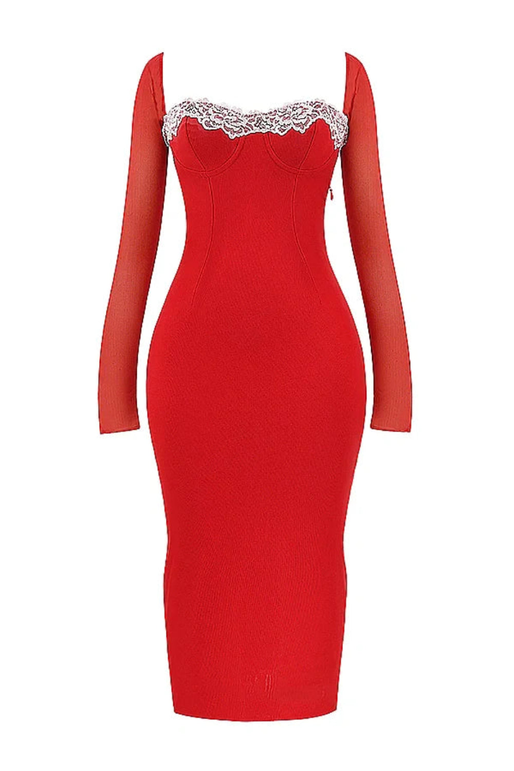 date night outfit, Valentine's Day dress, red cocktail dress, formal party dress, figure-hugging dress, lace trim dress, romantic red gown