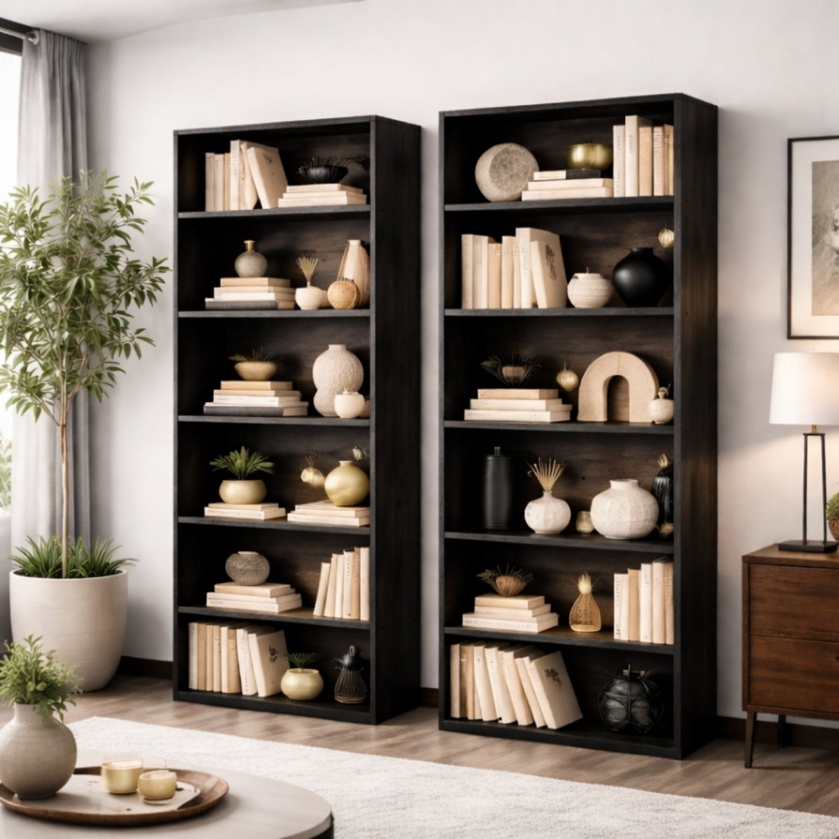 Two Kouvr 6-tier modern black bookcases filled with neutral-toned books and decorative vases in a sophisticated, contemporary living space.