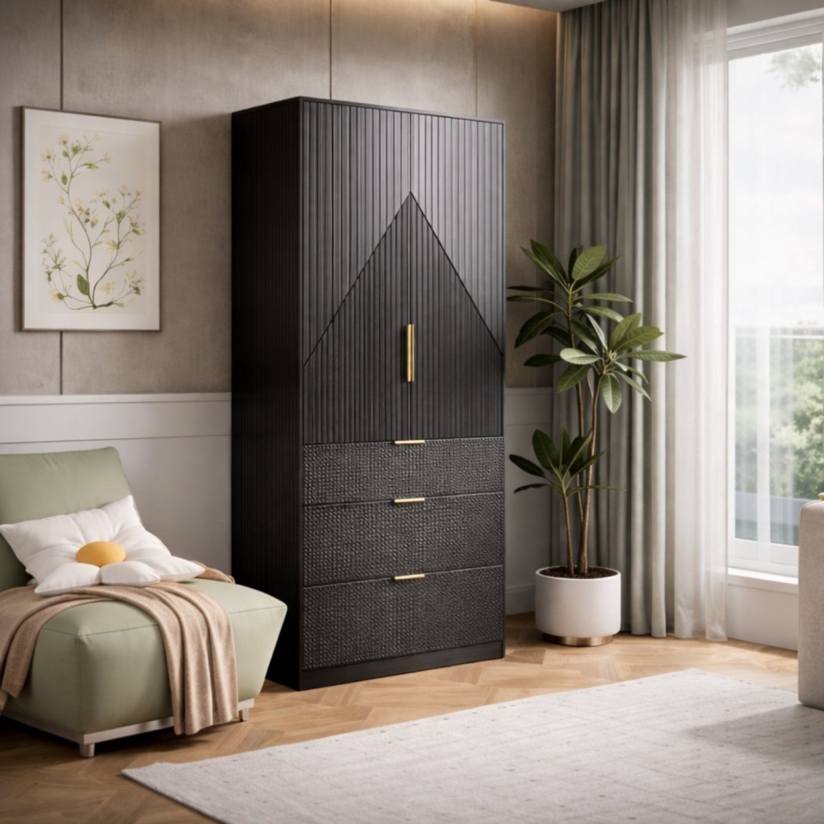 Side angle of tall black ribbed wardrobe in a luxury bedroom setting, highlighting the deep texture of the chevron slat design and brushed brass hardware.