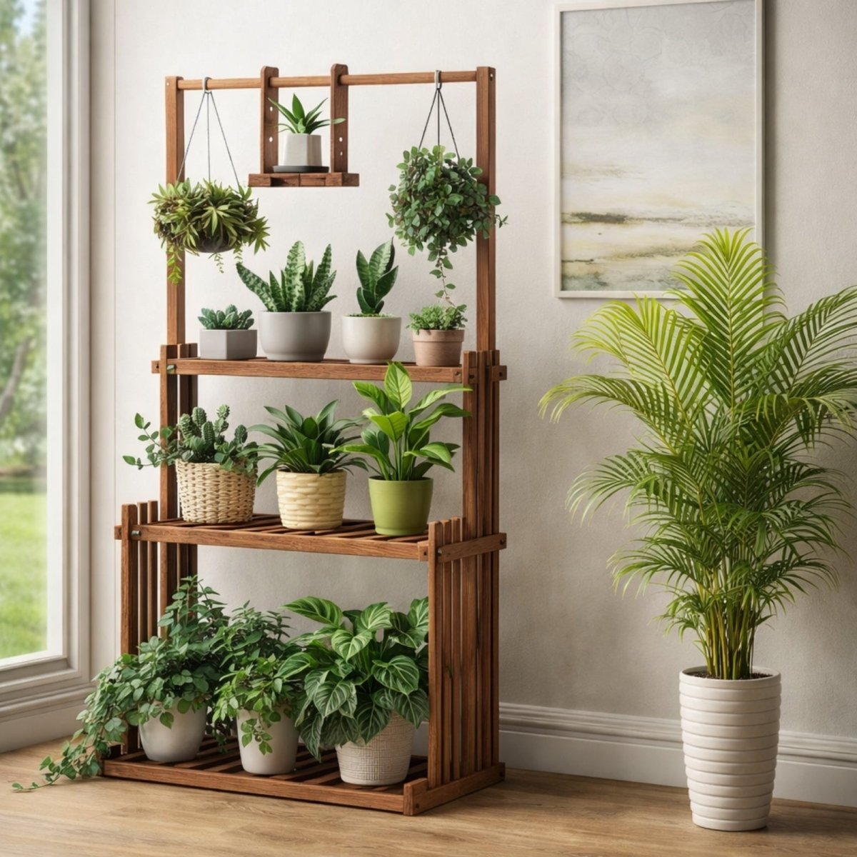 An indoor wooden plant shelf with three tiers and a hanging rod, styled with a variety of green houseplants in a bright living room.