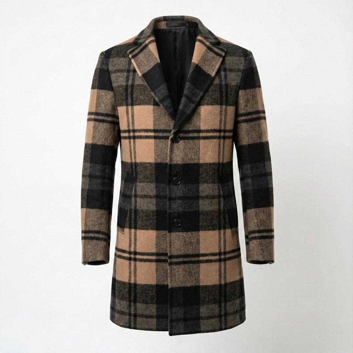 Front view of the Kouvr men's single-breasted plaid overcoat with a tan and black pattern, displayed on a hanger against a white background.
