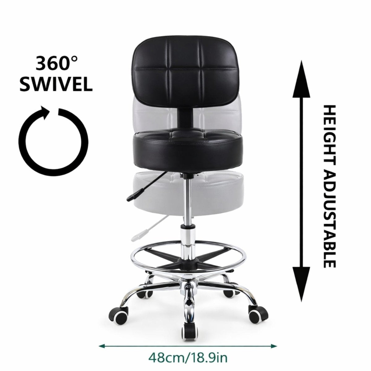 Feature graphic illustrating the 360-degree swivel and height-adjustable capabilities of the black Kouvr task chair with a chrome base.