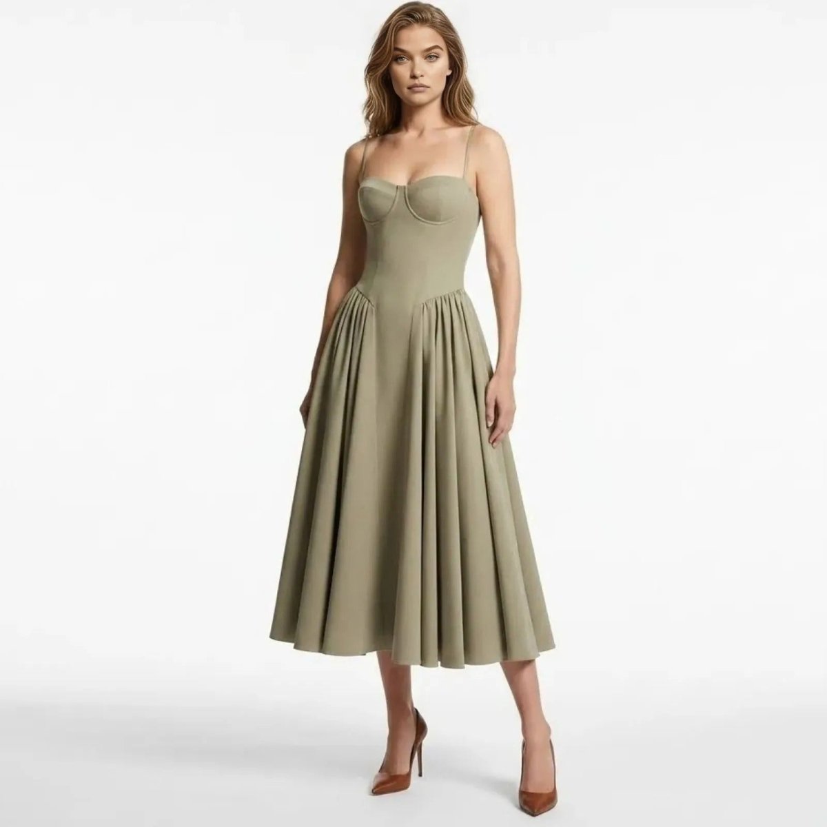 Model wearing the Kouvr taupe corset bustier midi dress with a pleated A-line skirt, shown from the front. 