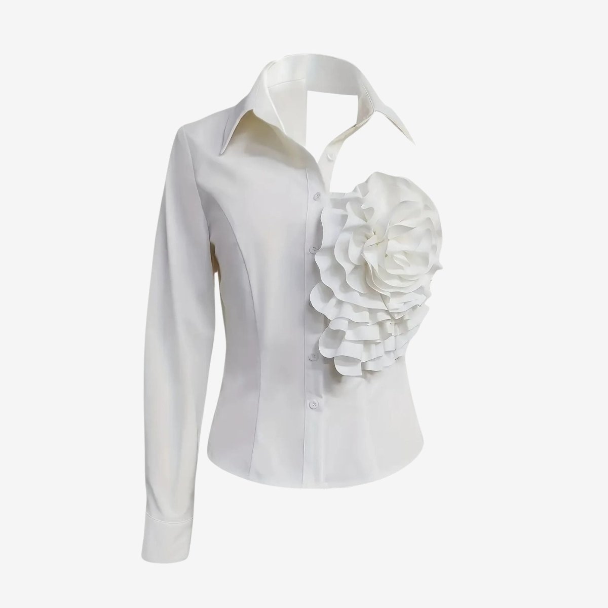 Product-only studio shot of the Kouvr Teresa one-shoulder white collared shirt with 3D flower detail.