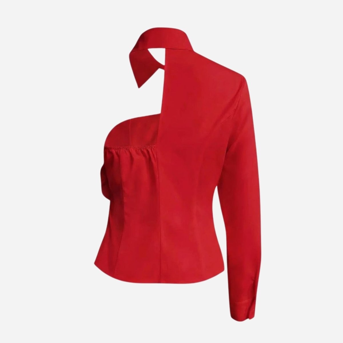 Back view product shot of the Kouvr red asymmetrical blouse showing the unique collar and open-back design.
