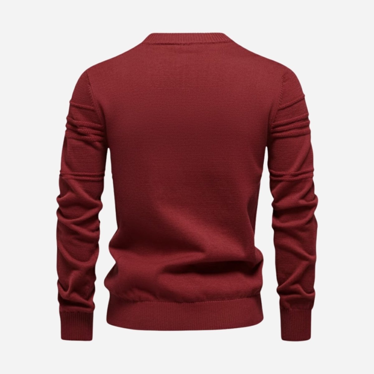 Product-only flat lay image of the back of the Kouvr red textured crewneck sweater against a light grey background.