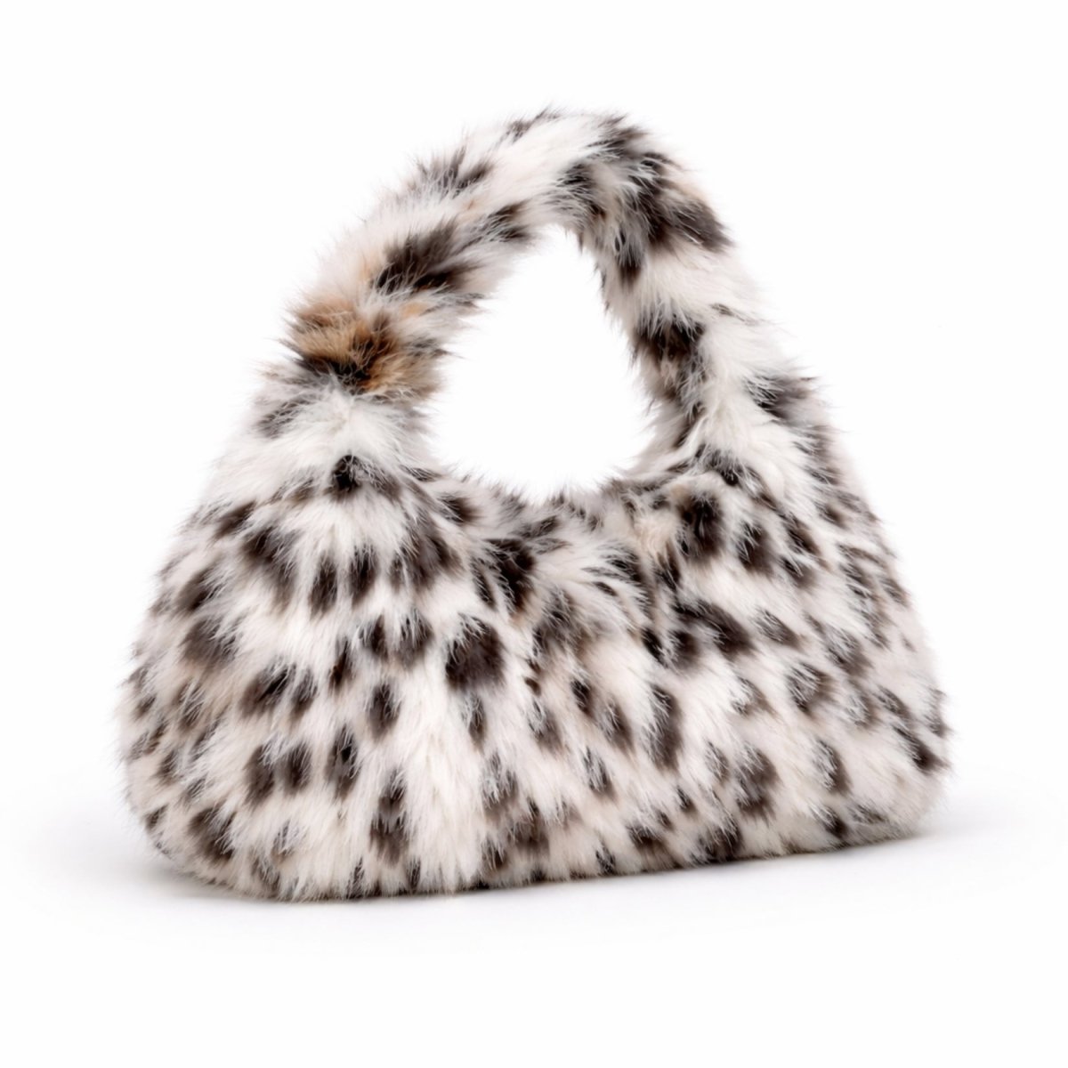 Kouvr Thaila snow leopard print faux fur hobo bag on a white background. 