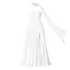 White Kouvr dress with long sleeves and a flowing skirt on a plain background