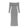 Model wearing the Kouvr Ingrid gray off-the-shoulder ribbed knit maxi dress outdoors