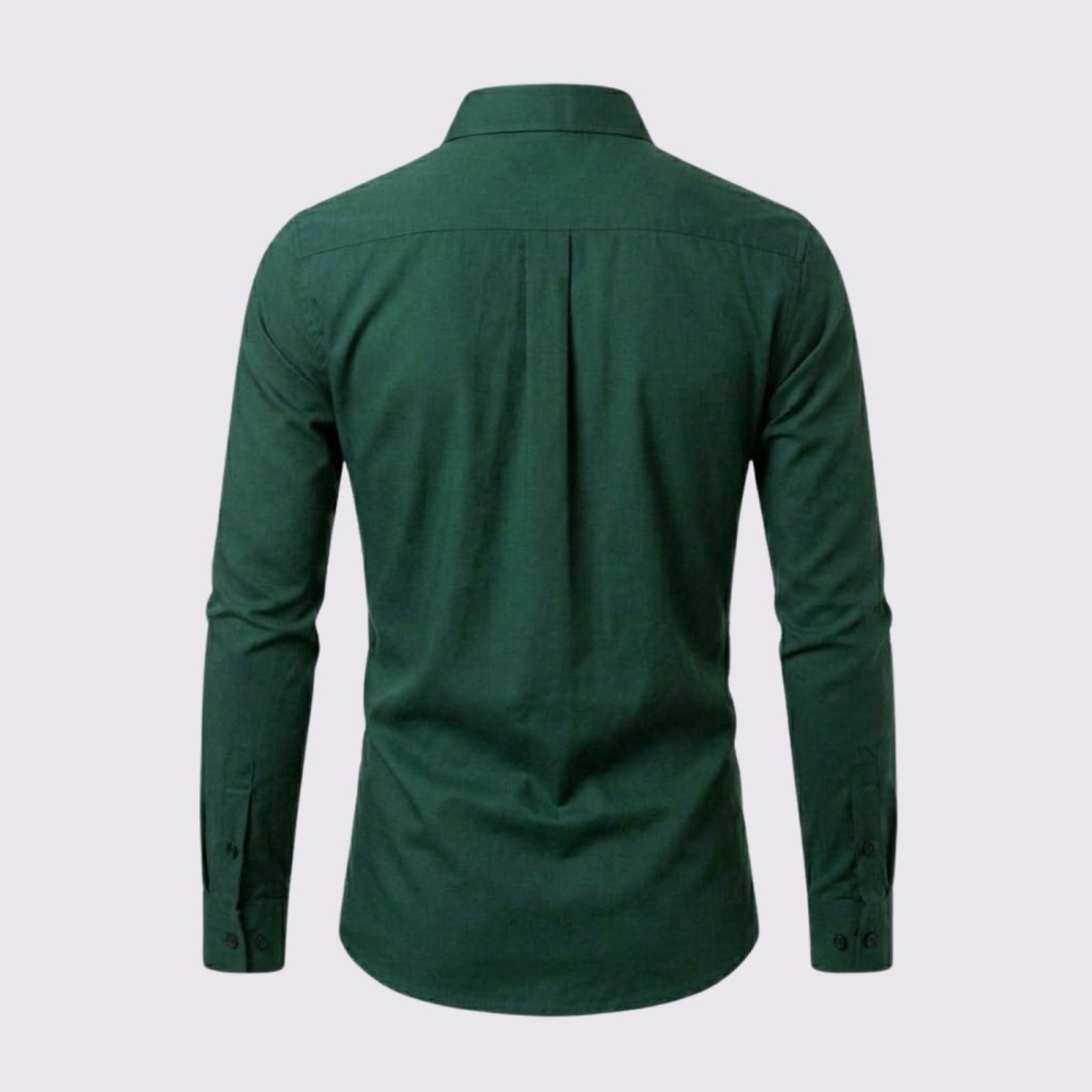 Back view of the Kouvr Leland men's dress shirt in dark green, laid flat to detail the construction of the back yoke and center pleat.