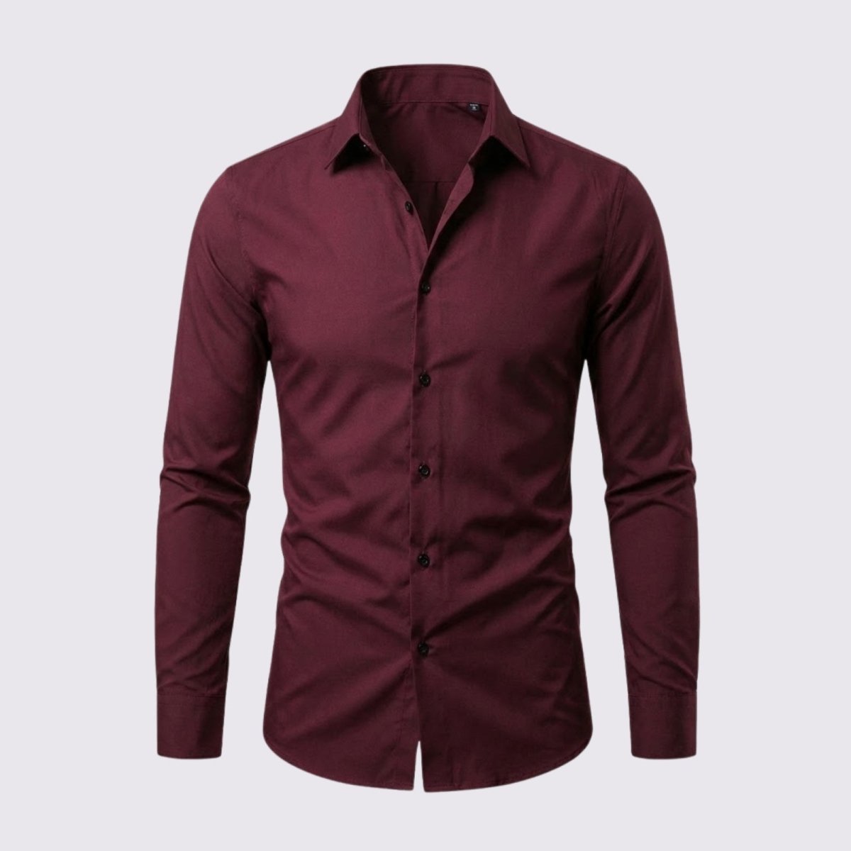 Flatlay of the Kouvr Leland men's slim fit dress shirt in burgundy, showing the spread collar and front placket.
