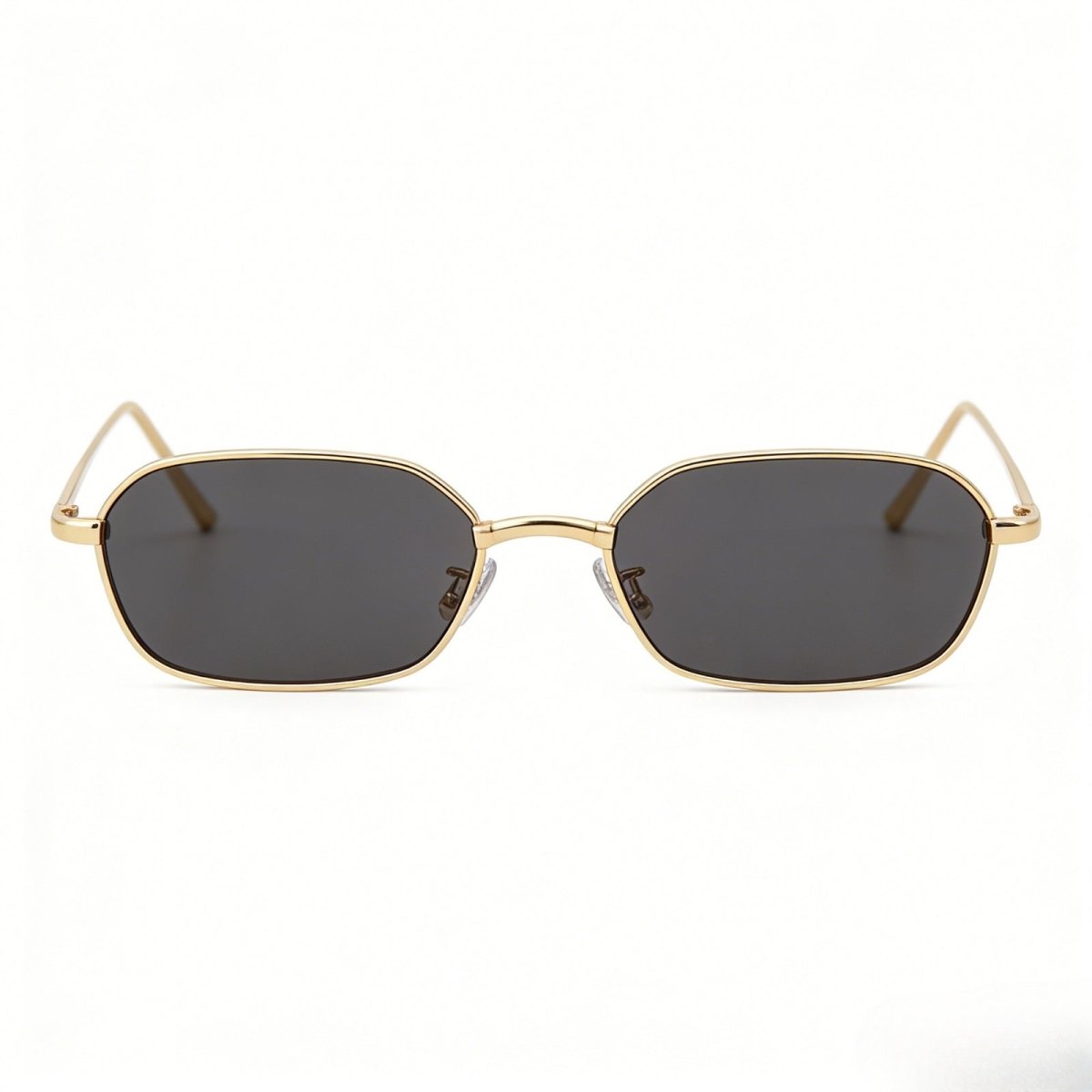 Kouvr The Liezel hexagonal sunglasses with a gold metal frame and black lenses shown on a clean white background.