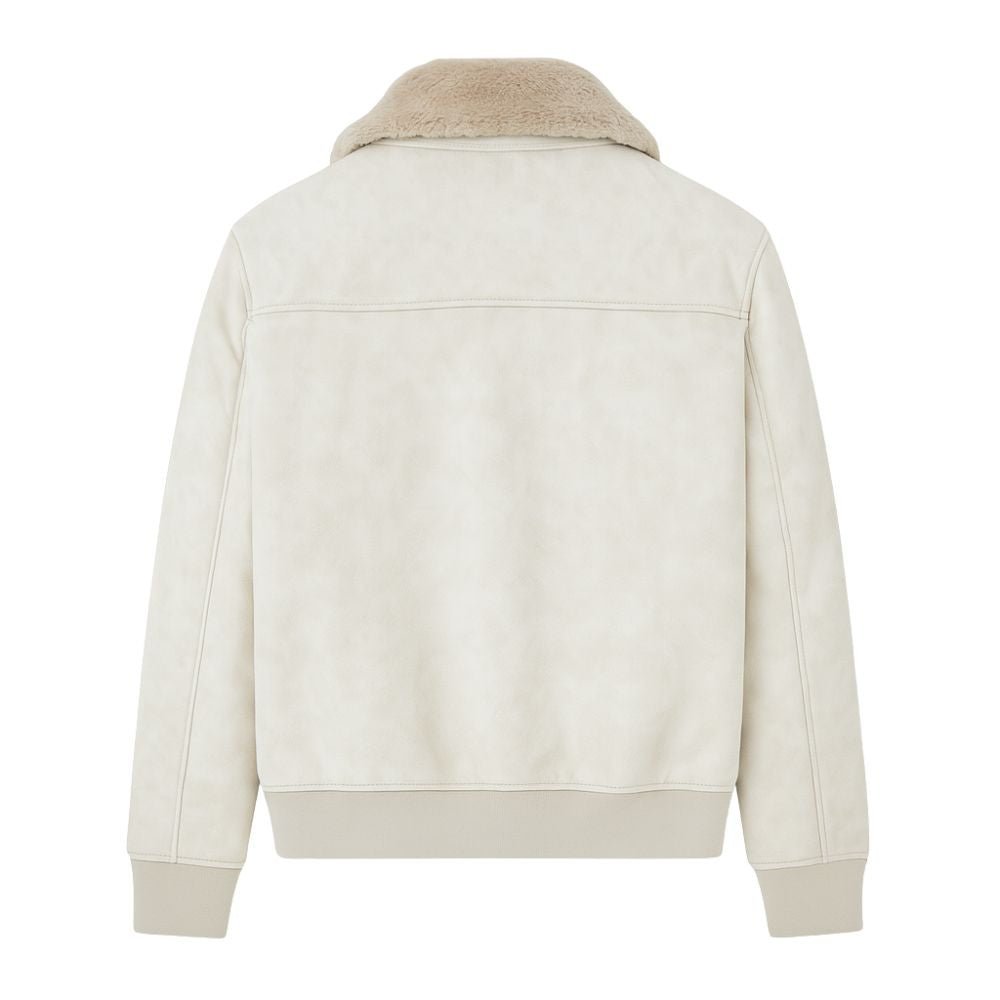 White kouvr jacket with beige collar on a white background