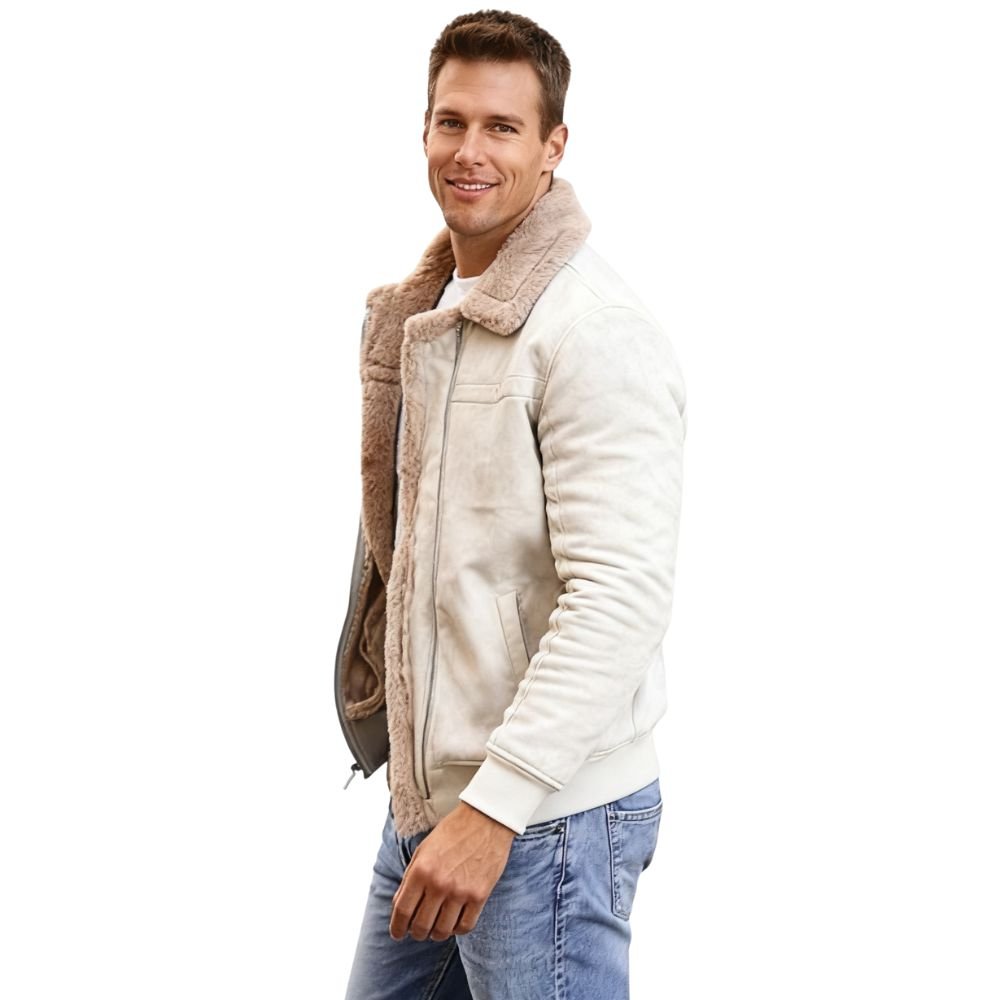 Men's Apricot Shearling Lined Suede Aviator Jacket by Kouvr Fashion