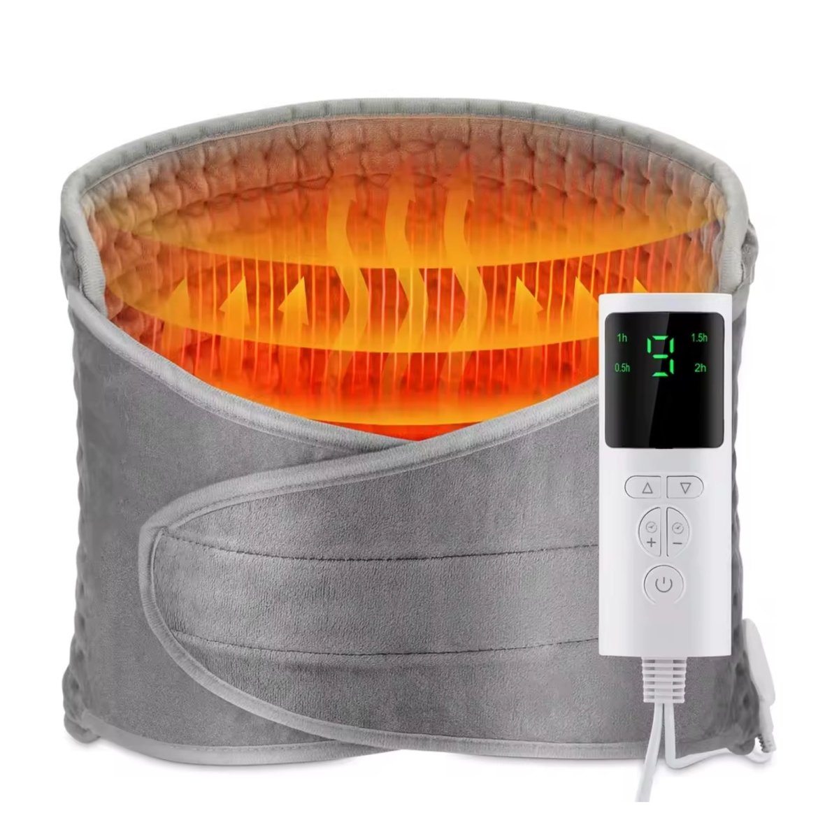 Studio product display of the Kouvr gray velvet thermal back heater belt wrap with an orange infrared heat wave graphic overlay next to its digital remote.