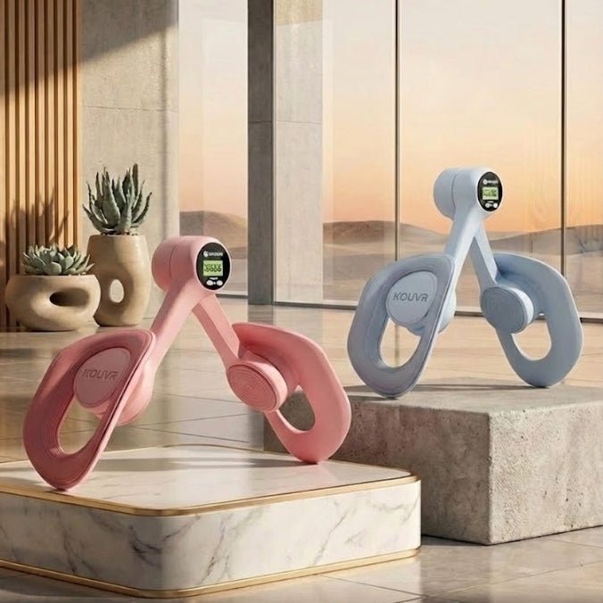 Both the pink and blue models of the KOUVR thigh master trainer are displayed together on marble and concrete pedestals in a sunlit, modern luxury architectural setting.