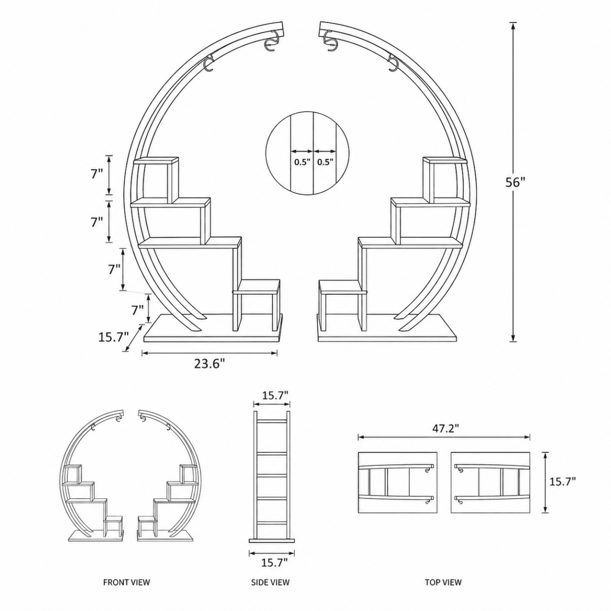 Schematic diagram showing the exact dimensions and 56 inch height of the half moon tiered plant stand to help customers plan their space.
